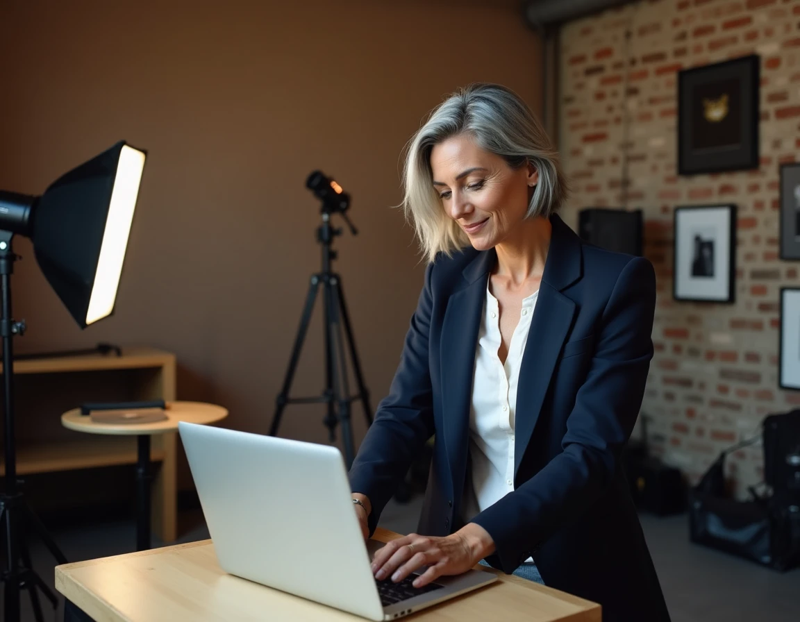 Femme photographe expérimentée dans son studio photo professionnel, examinant des images sur un ordinateur portable entourée de matériel photographique et de murs en briques