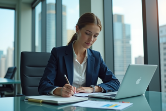 Femme en costume navy dans un bureau moderne avec vue urbaine