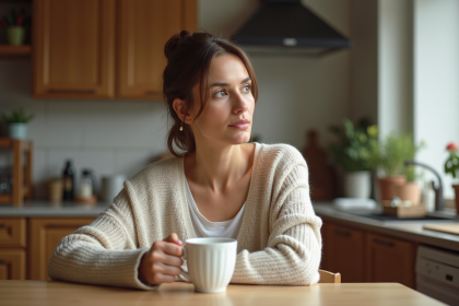 Femme pensive assise à la cuisine avec tasse en main