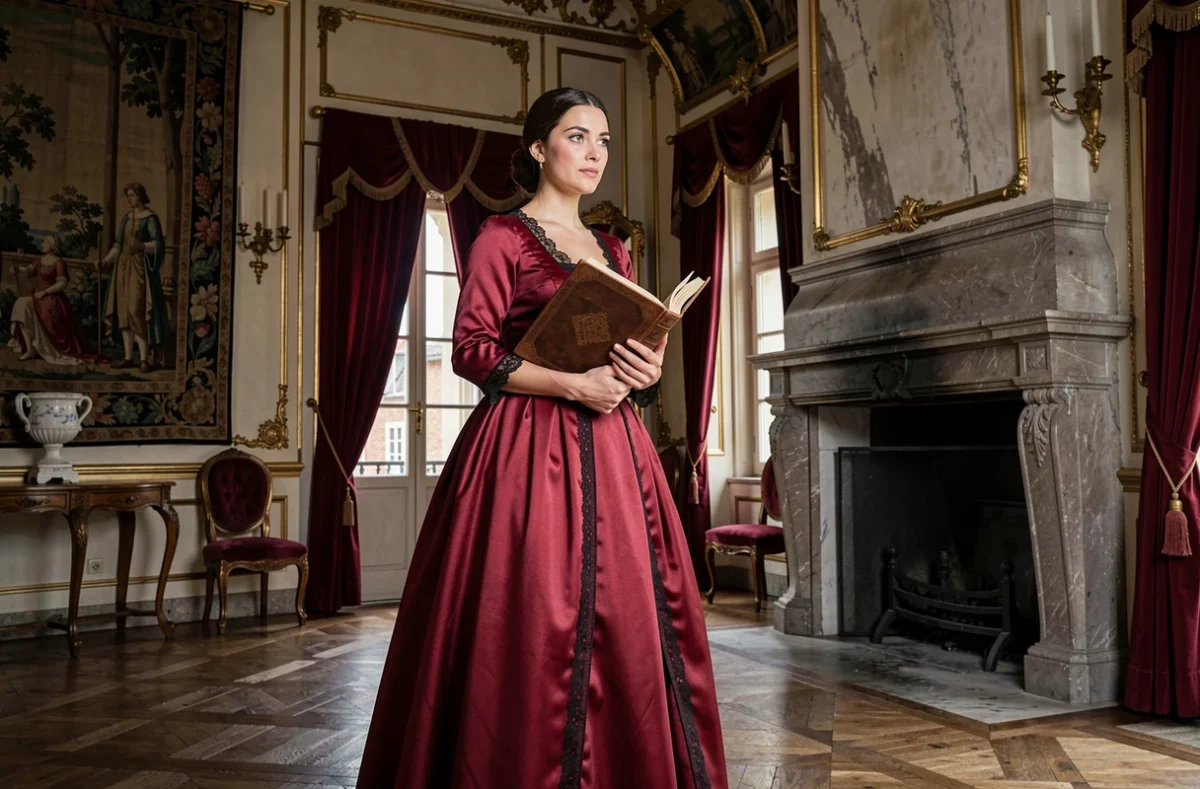 Femme en robe rouge du XIXe siècle tenant un livre dans un salon de château français, illustration du thème de la passion et de l'ambition dans Le Rouge et le Noir