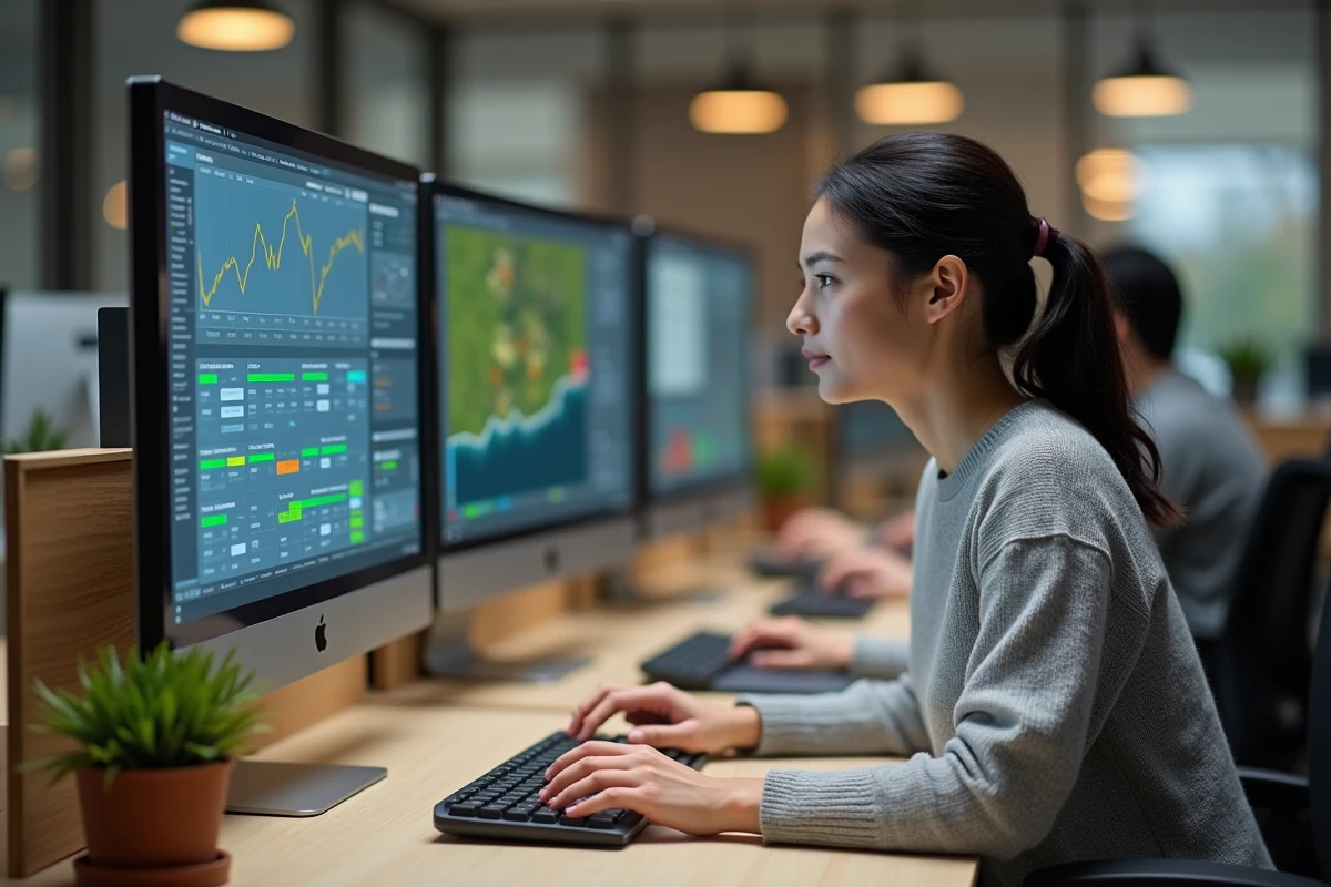 Femme concentrée jouant à Simagri sur double écran dans un espace de coworking moderne avec bilans financiers virtuels affichés