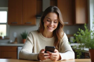 Jeune femme souriante en cuisine avec smartphone