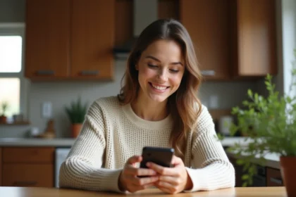 Jeune femme souriante en cuisine avec smartphone