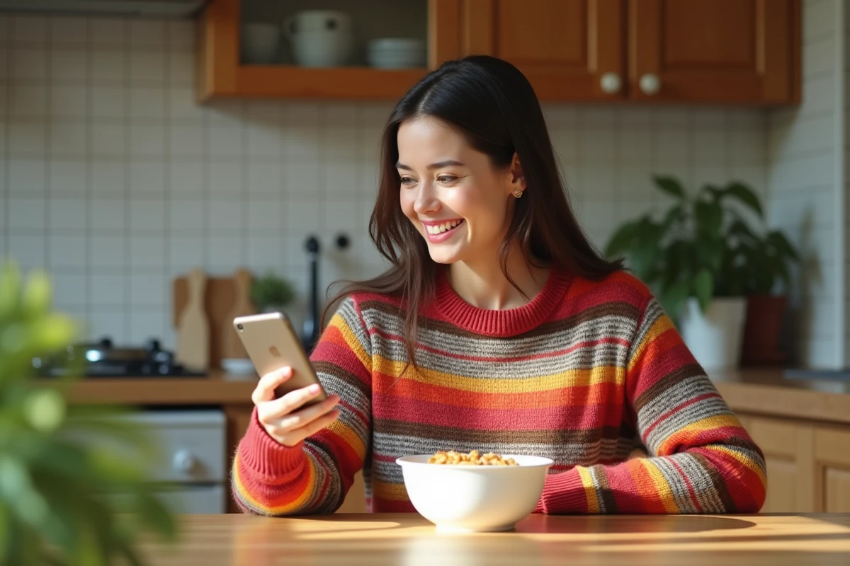 Femme souriante avec bol de cereal dans une cuisine lumineuse