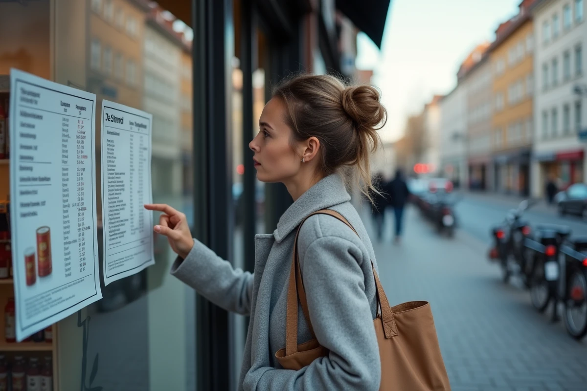Femme consultant un tableau des prix du tabac affiché en vitrine d'un commerce en Allemagne