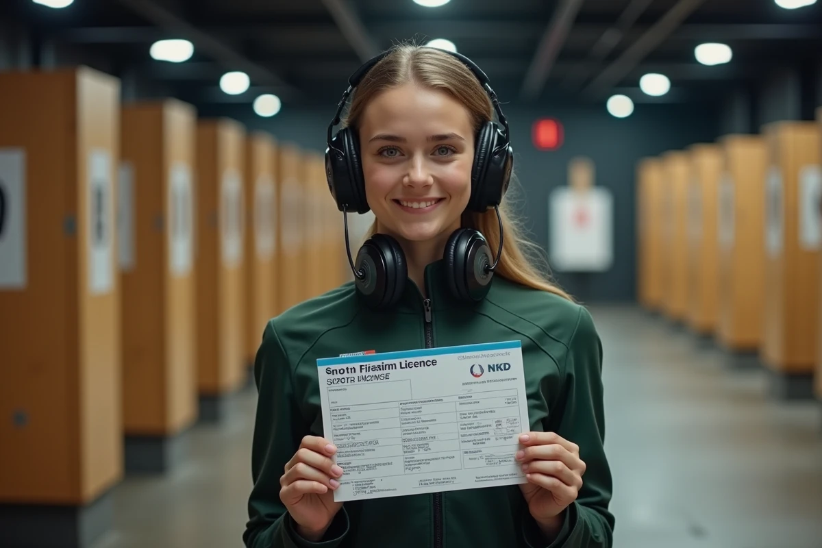 Jeune femme tir sportif tenant son permis dans un stand de tir
