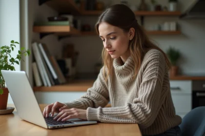 Jeune femme concentrée travaillant sur son ordinateur à la maison