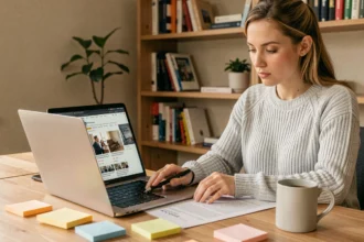 Femme consultant un agrégateur de veille informationnelle sur son ordinateur portable dans un bureau à domicile organisé