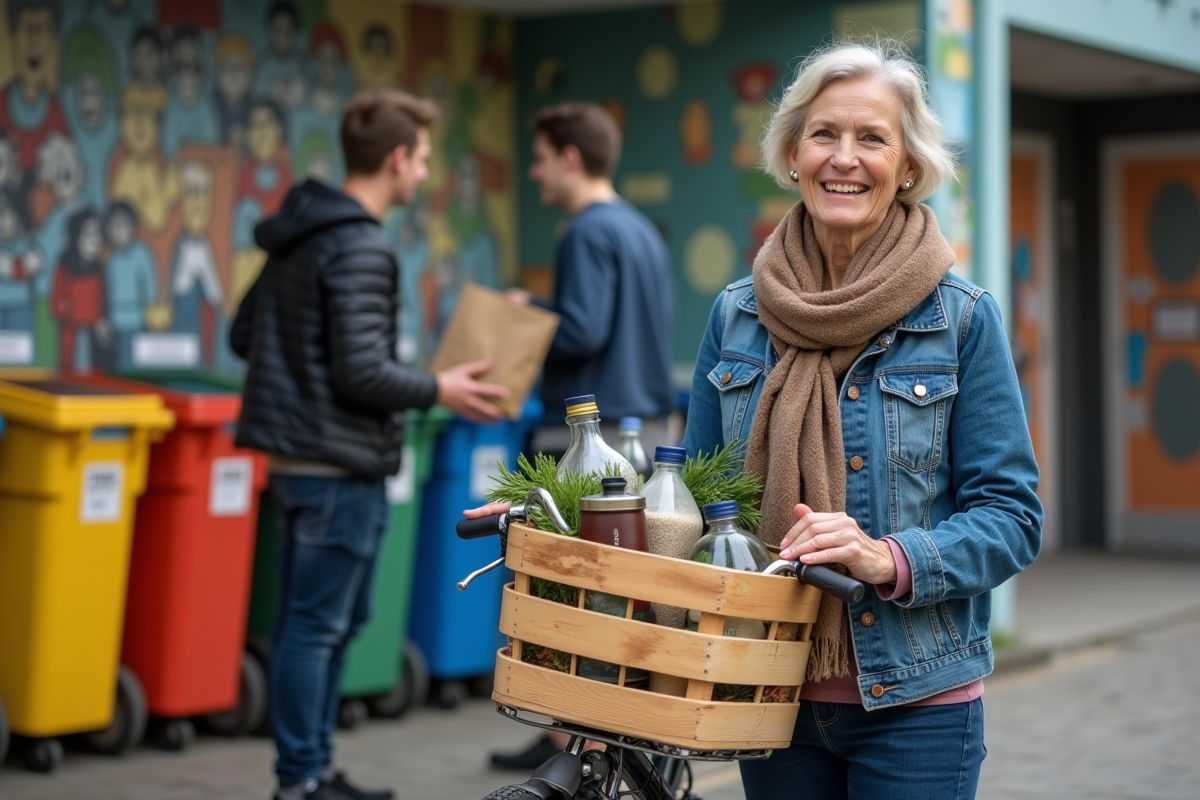 Femme avec vélo et panier en bois échangeant avec un jeune homme près d