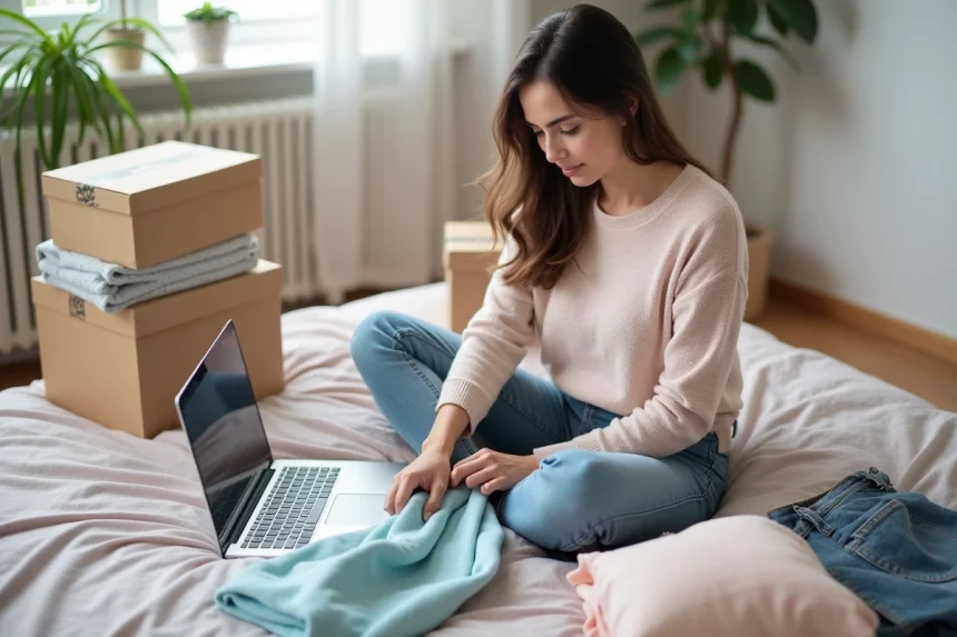 Jeune femme plie des vêtements pour vente en ligne dans sa chambre
