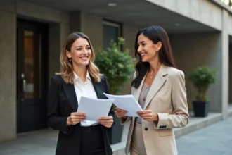 Deux femmes élégantes discutant devant un studio de cinéma