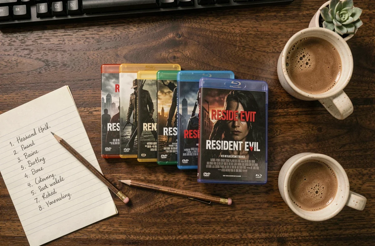 Vue de dessus d'un bureau avec les boîtiers des films Resident Evil classés dans l'ordre chronologique avec une liste manuscrite