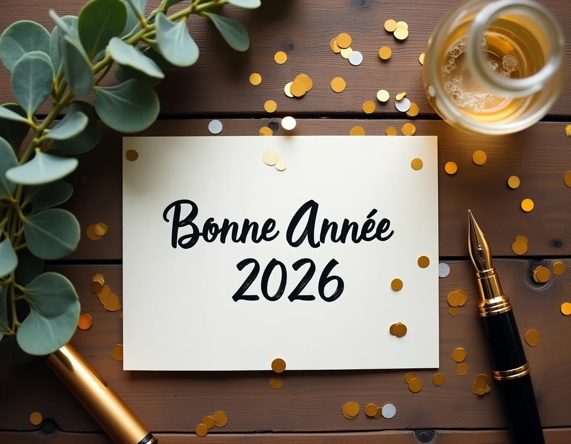 Composition flat lay avec carte de vœux manuscrite Bonne Année 2026, confettis dorés et stylo plume