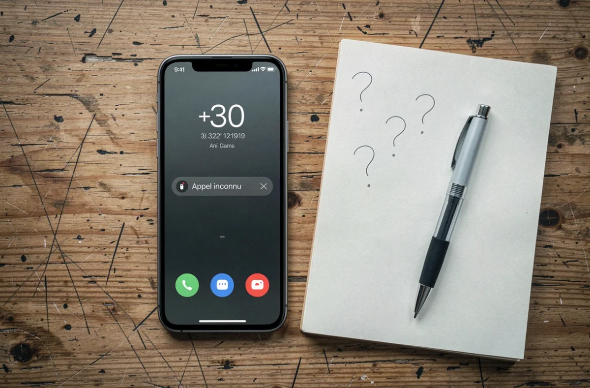 Vue de dessus d'un smartphone affichant un appel inconnu avec l'indicatif 30 sur un bureau en bois