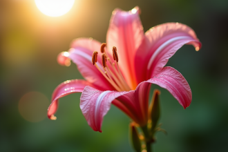 Fleur de nerine en pleine floraison avec gouttes de rosée