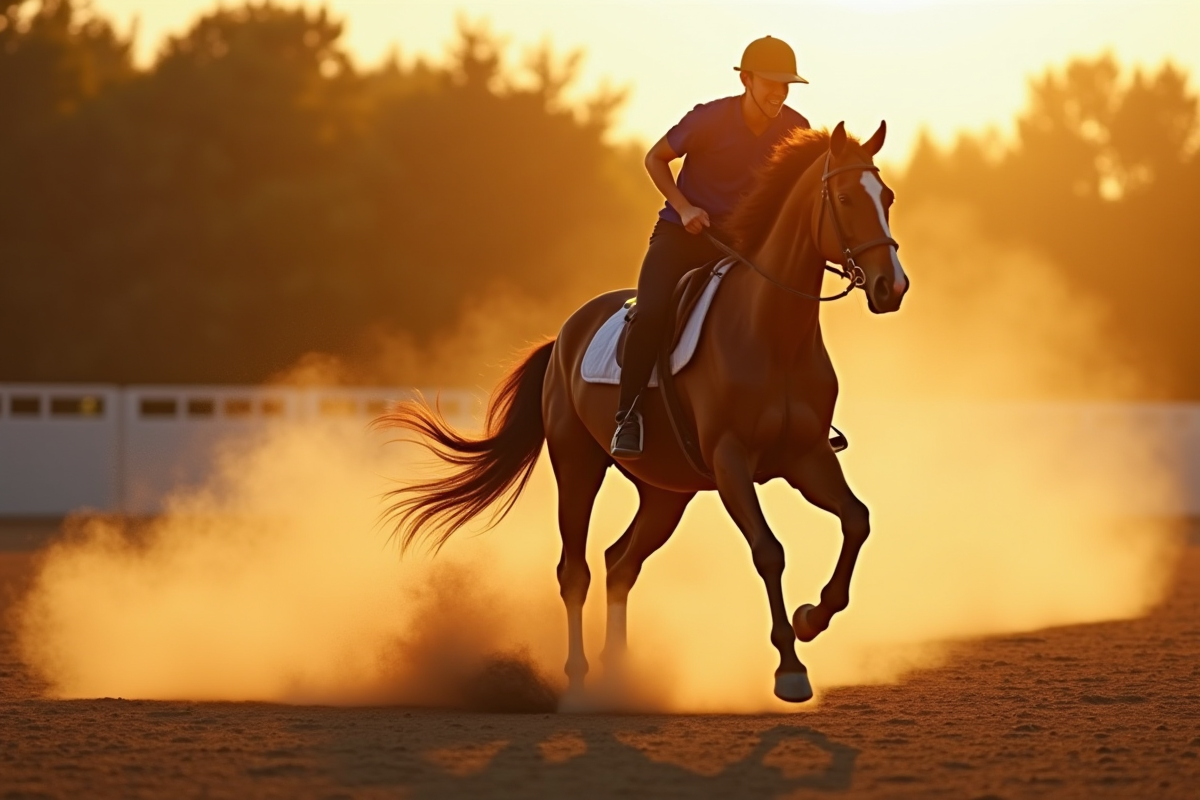 Cheval athletique galopant avec cavalier en arene en fin de journee