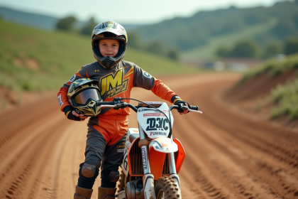 Garçon de 13 ans en tenue motocross avec casque sous le bras