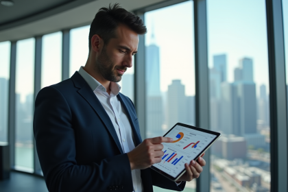 Gestionnaire financier confiant avec graphiques sur tablette