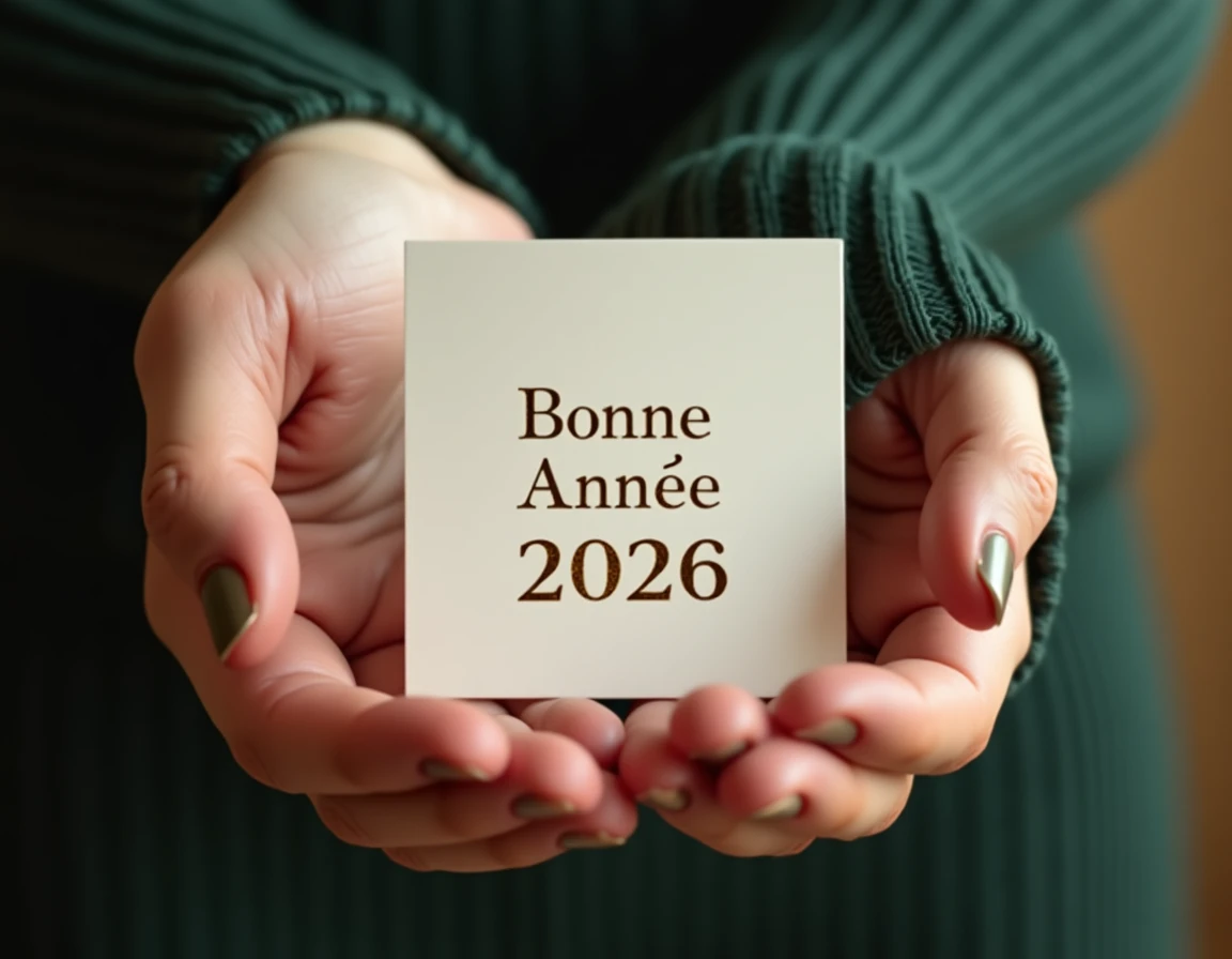 Mains féminines tenant une carte élégante avec inscription dorée Bonne Année 2026 en gros plan