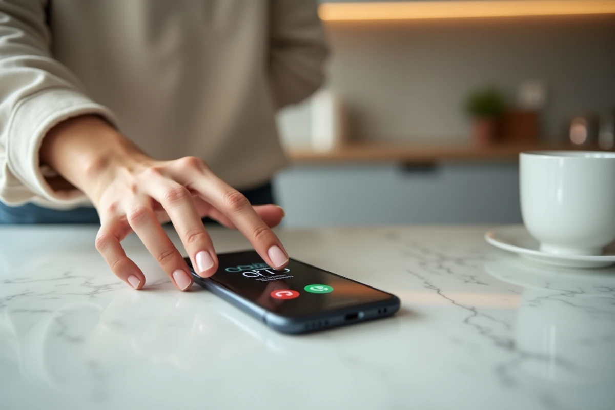 Gros plan d'un écran de smartphone affichant un appel entrant avec l'indicatif 0270 sur un comptoir de cuisine
