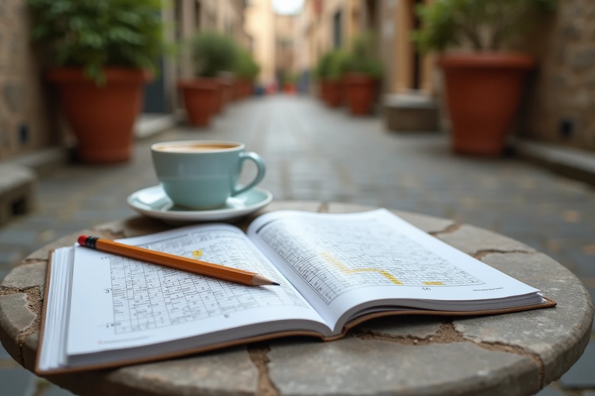 Gros plan sur une grille de mots croisés ouverte avec un café espresso sur une terrasse de style italien