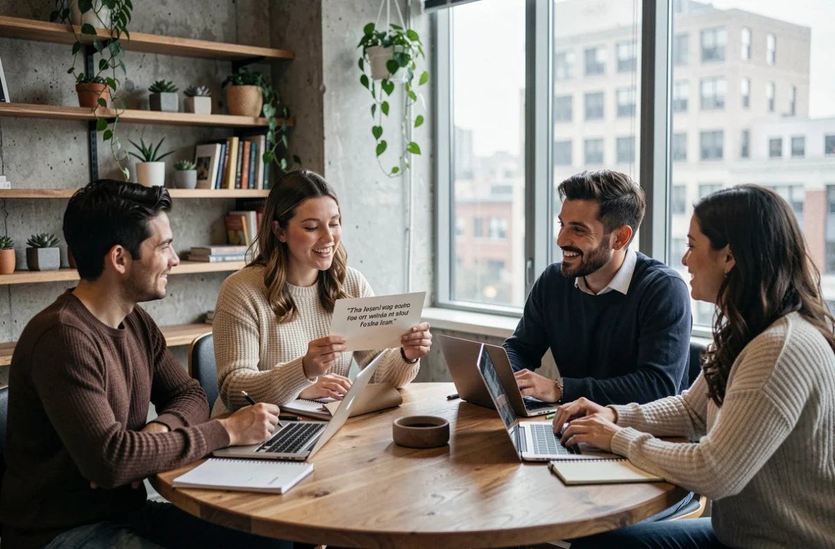 Groupe de collègues partageant des citations positives autour d'une table dans un espace de coworking moderne