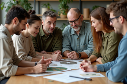 Groupe de personnes discutant autour d'un diagramme sur le recyclage