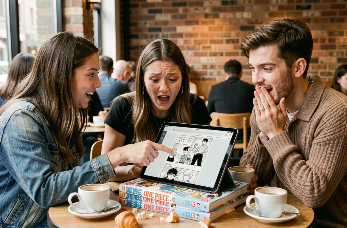 Groupe d'amis fans de One Piece réagissant ensemble à un scan récent sur une tablette dans un café