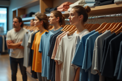 Groupe de personnes comparant différentes tailles de t-shirts en magasin