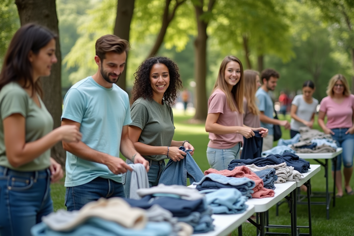 Groupe divers triant vêtements dans un parc urbain