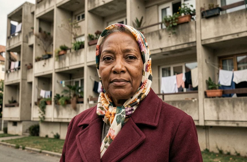 Habitante du Mirail à Toulouse debout devant un immeuble de béton, regard direct et expression digne, témoignant de la réalité de son quartier