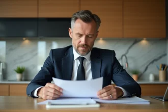 Homme d'affaires en costume examine des documents de prêt immobilier