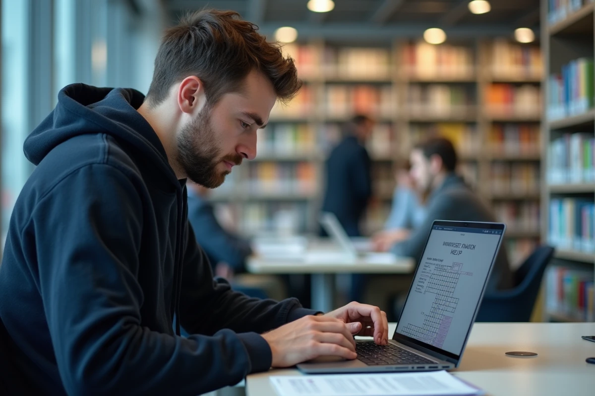 Homme cherchant de l'aide en ligne pour mots fléchés sur les cantons suisses dans une bibliothèque moderne