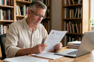 Homme lisant un document administratif officiel espagnol à son bureau, illustrant la question des amendes étrangères en France