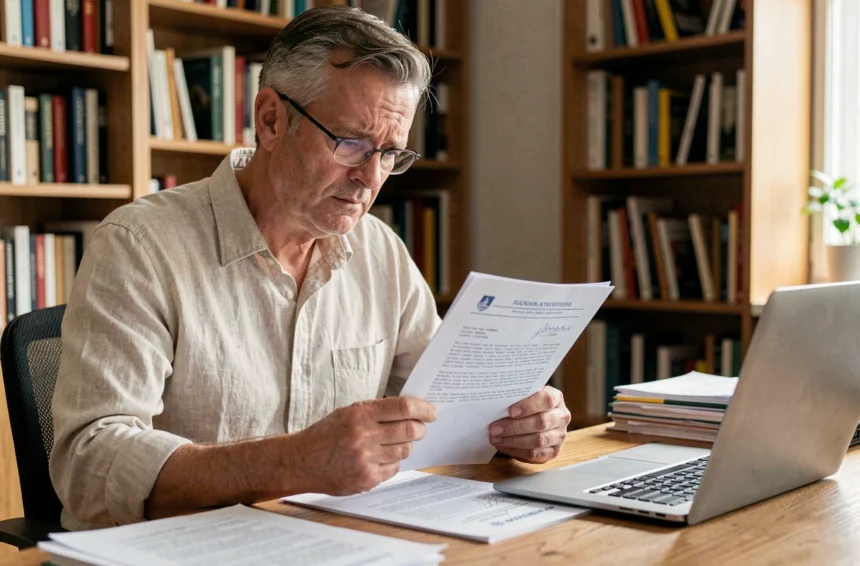 Homme lisant un document administratif officiel espagnol à son bureau, illustrant la question des amendes étrangères en France