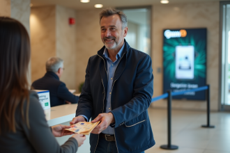 Homme d'âge moyen recevant des euros au guichet bancaire