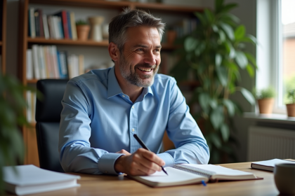 Homme d'âge moyen dans un bureau organisé avec Bible et planner