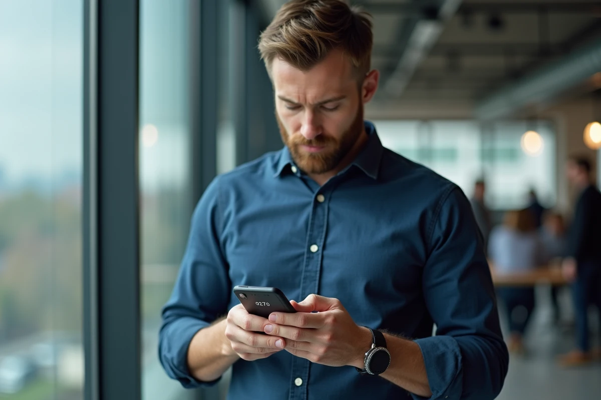 Homme en bureau consultant une application d'identification d'appel pour le numéro 0270