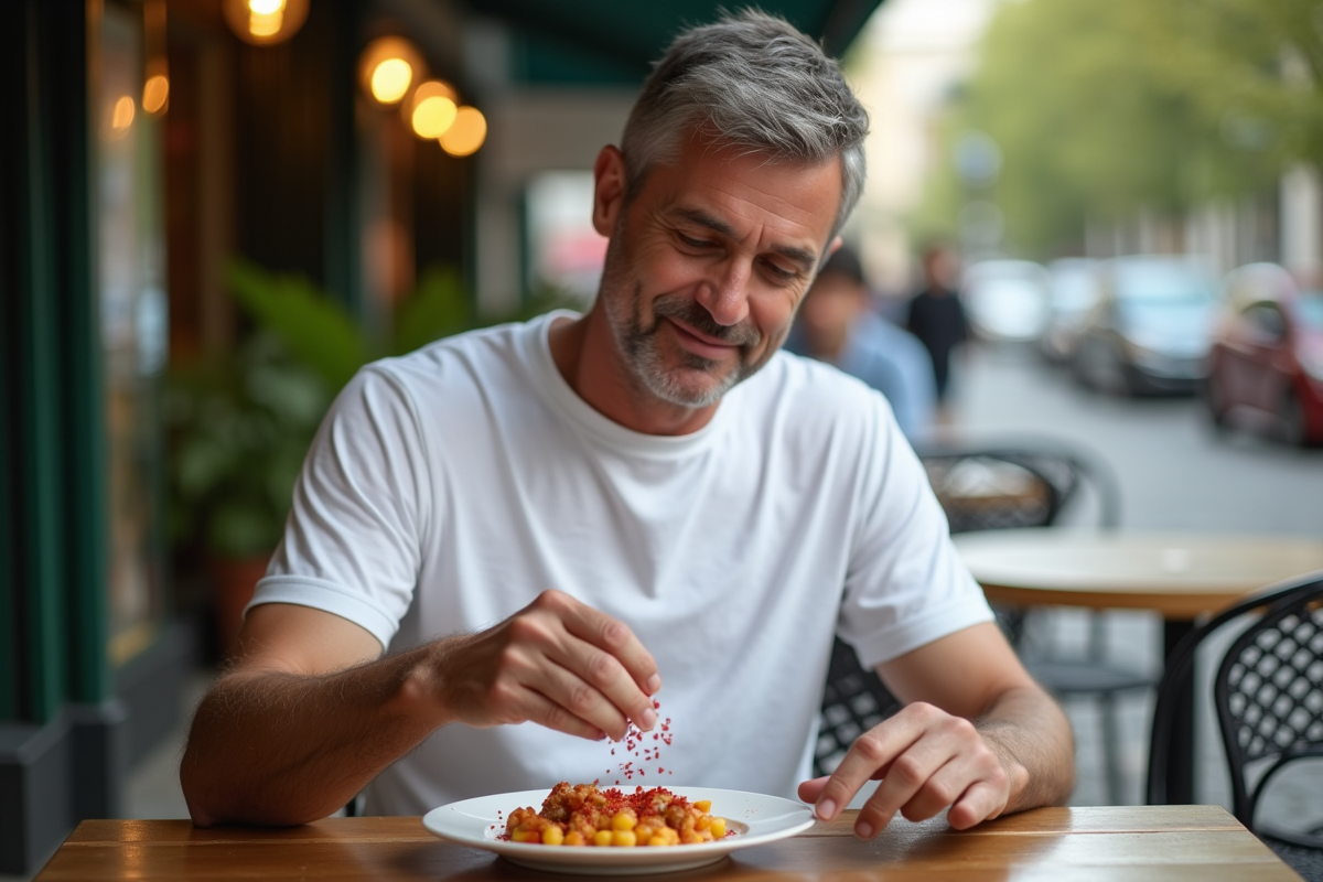 Homme d age mangeant au café saupoudrant du chili sur son plat