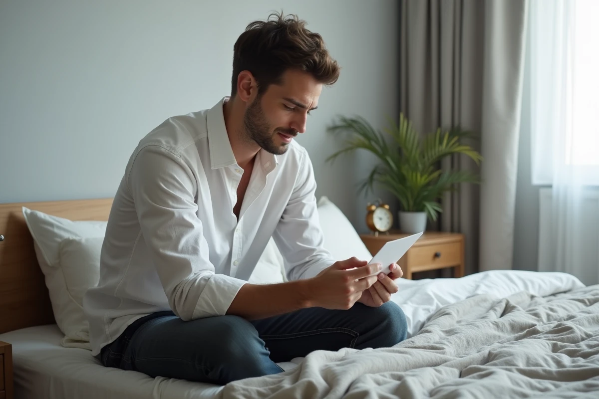 Homme assis sur un lit tenant une note manuscrite avec une horloge affichant 15h55, symbolisant un tournant amoureux
