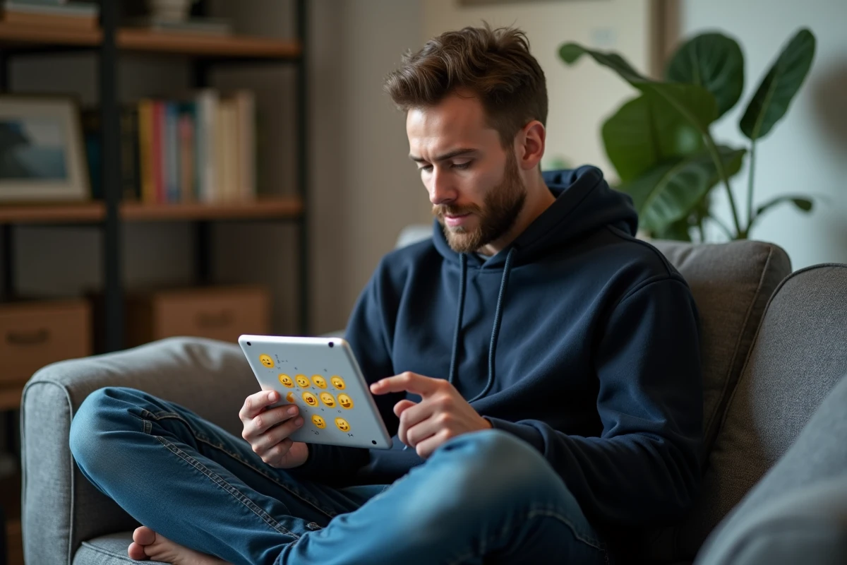 Homme parcourant un clavier d'emojis sur tablette dans son salon, montrant les bonnes pratiques d'utilisation des emojis dans les conversations numériques