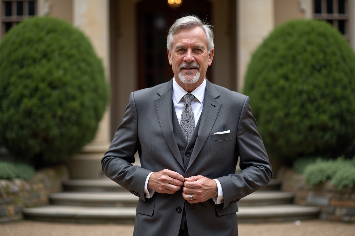 Homme en costume charcoal ajustant sa veste devant une entrée élégante