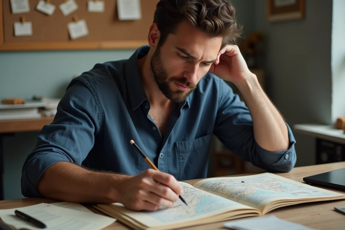 Homme étudiant des villes italiennes sur un atlas et des fiches manuscrites pour les mots croisés