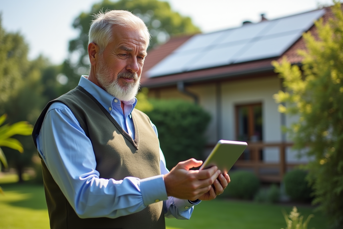 Homme vérifiant les statistiques énergétiques dans un jardin écologique