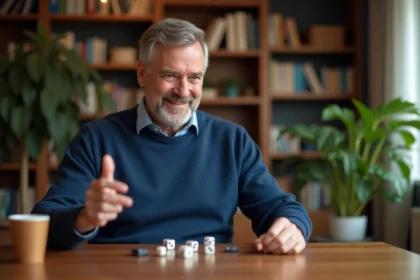 Homme d'âge moyen jouant au jeu 421 avec dés