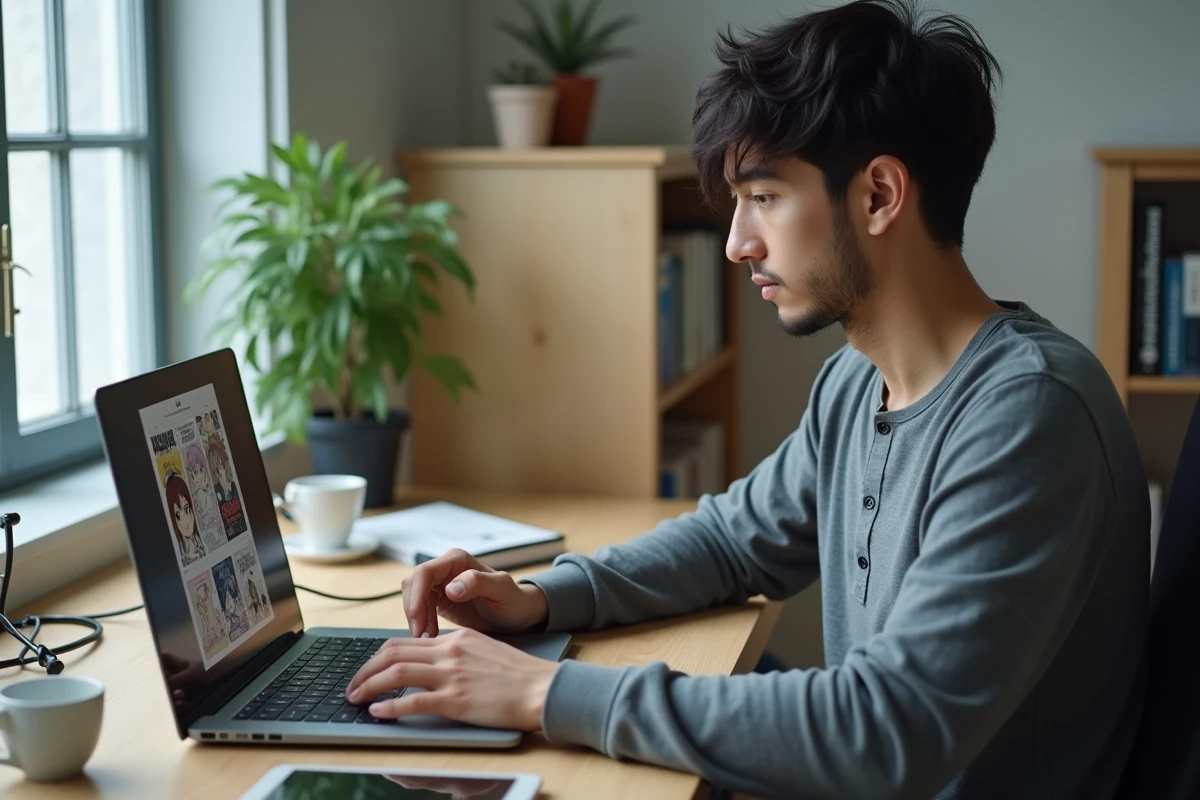 Homme consultant un lecteur de manga en ligne sur ordinateur portable dans un bureau minimaliste
