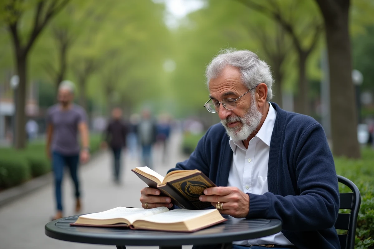 Homme âgé lit le Quran dans un parc urbain en plein air