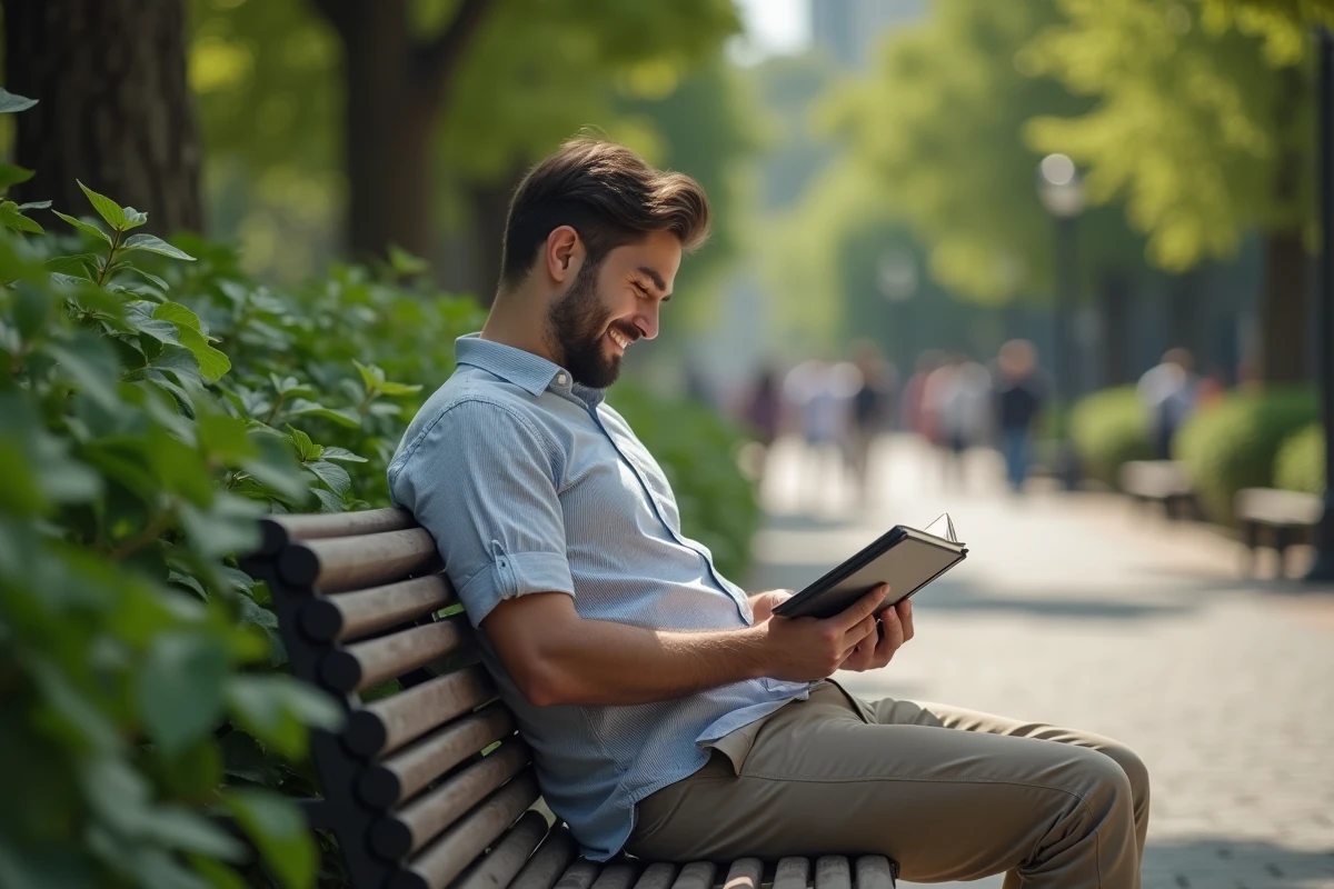 Homme lisant un ereader dans un parc urbain