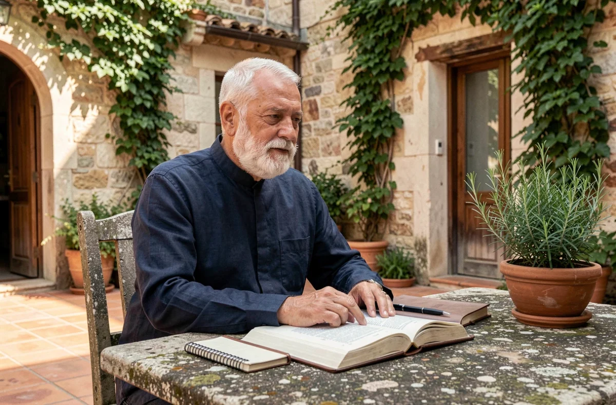 Homme âgé méditant devant un texte sacré ouvert dans une cour intérieure en pierre, approche contemplative de la spiritualité