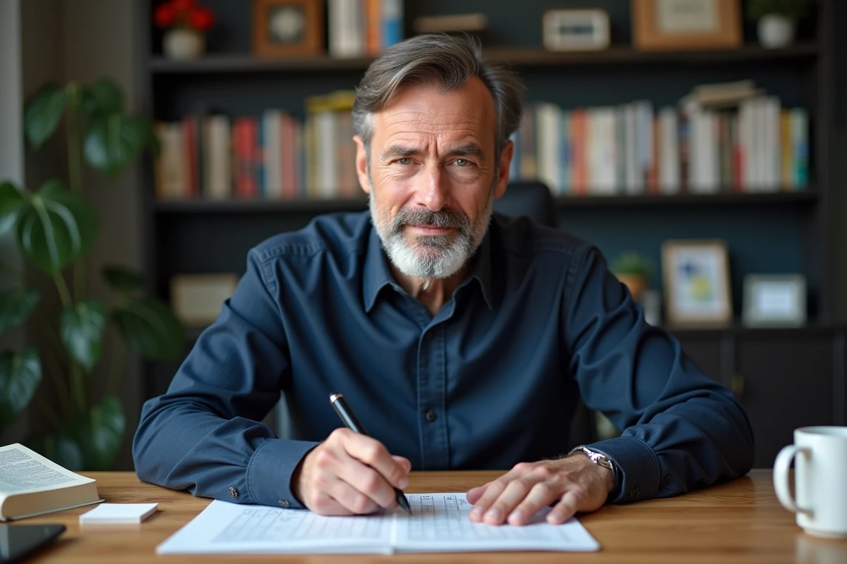 Homme résolvant une grille de mots croisés sur papier à son bureau, stylo en main, ambiance studieuse